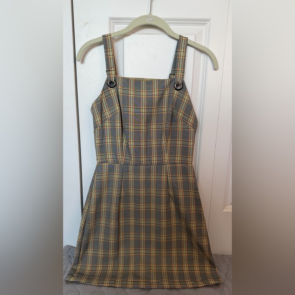 BeBop Plaid Pinafore Dress in Gray and Yellow Plaid